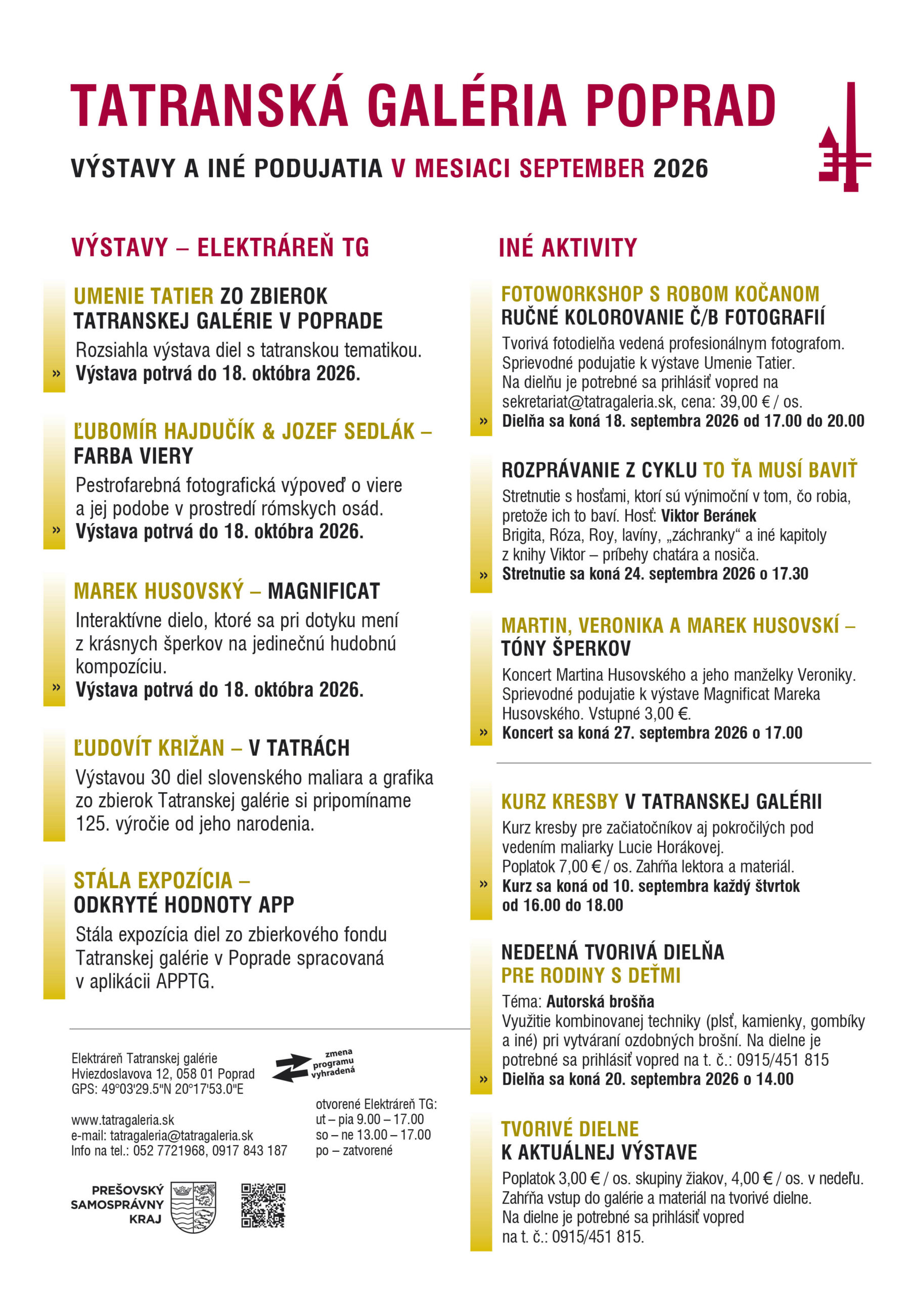 Tatranská galéria program september 2026