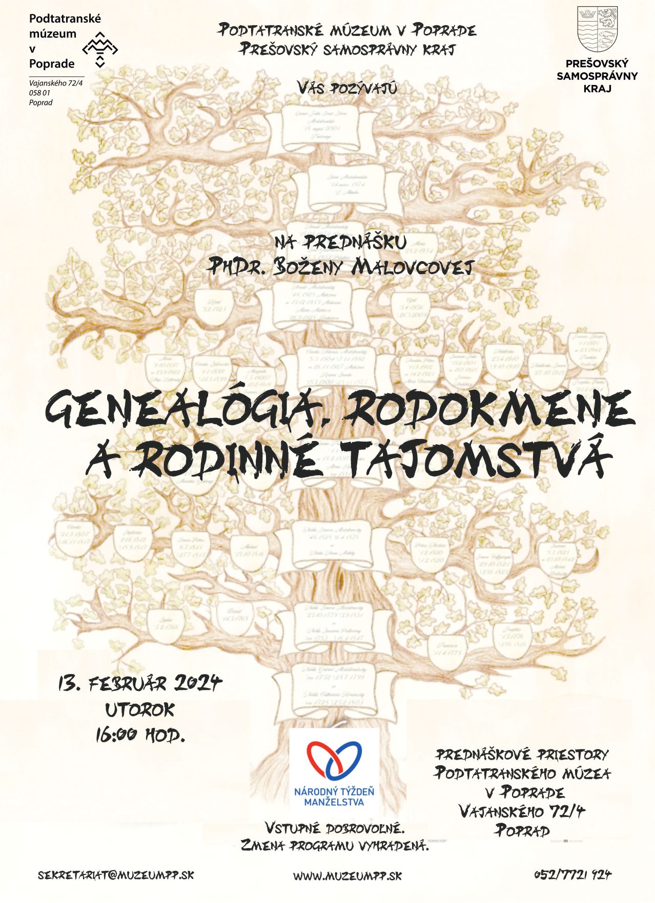 Prednáška PhDr. Boženy Malovcovej „Genealógia, rodokmene a rodinné tajomstvá“.